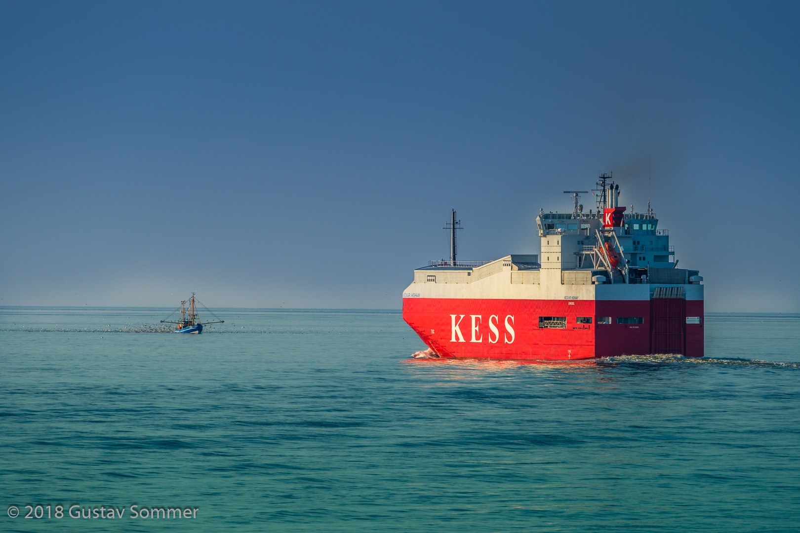 Autotransporter Neckar Highway und Fischkutter auf der Elbe in der Abendsonne